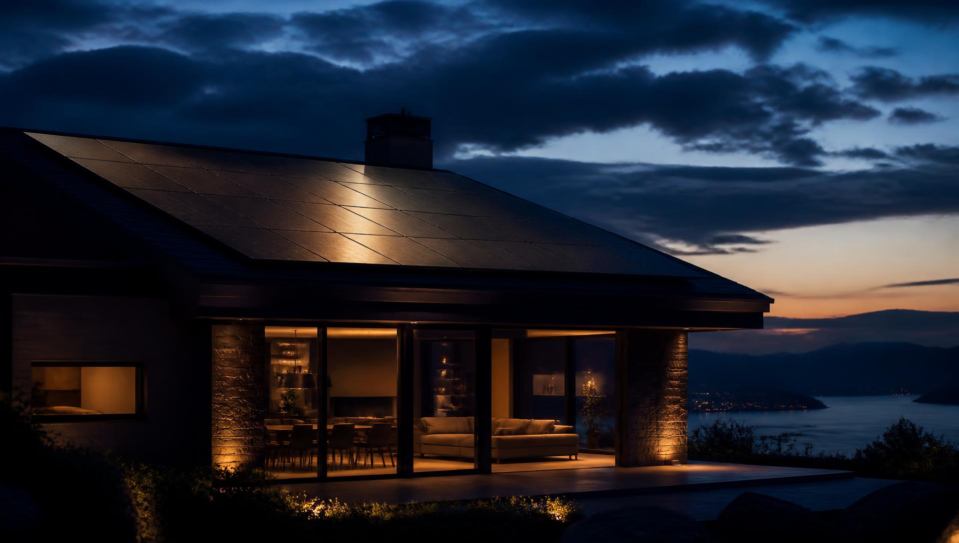 Solar panels on a modern home's roof at dusk