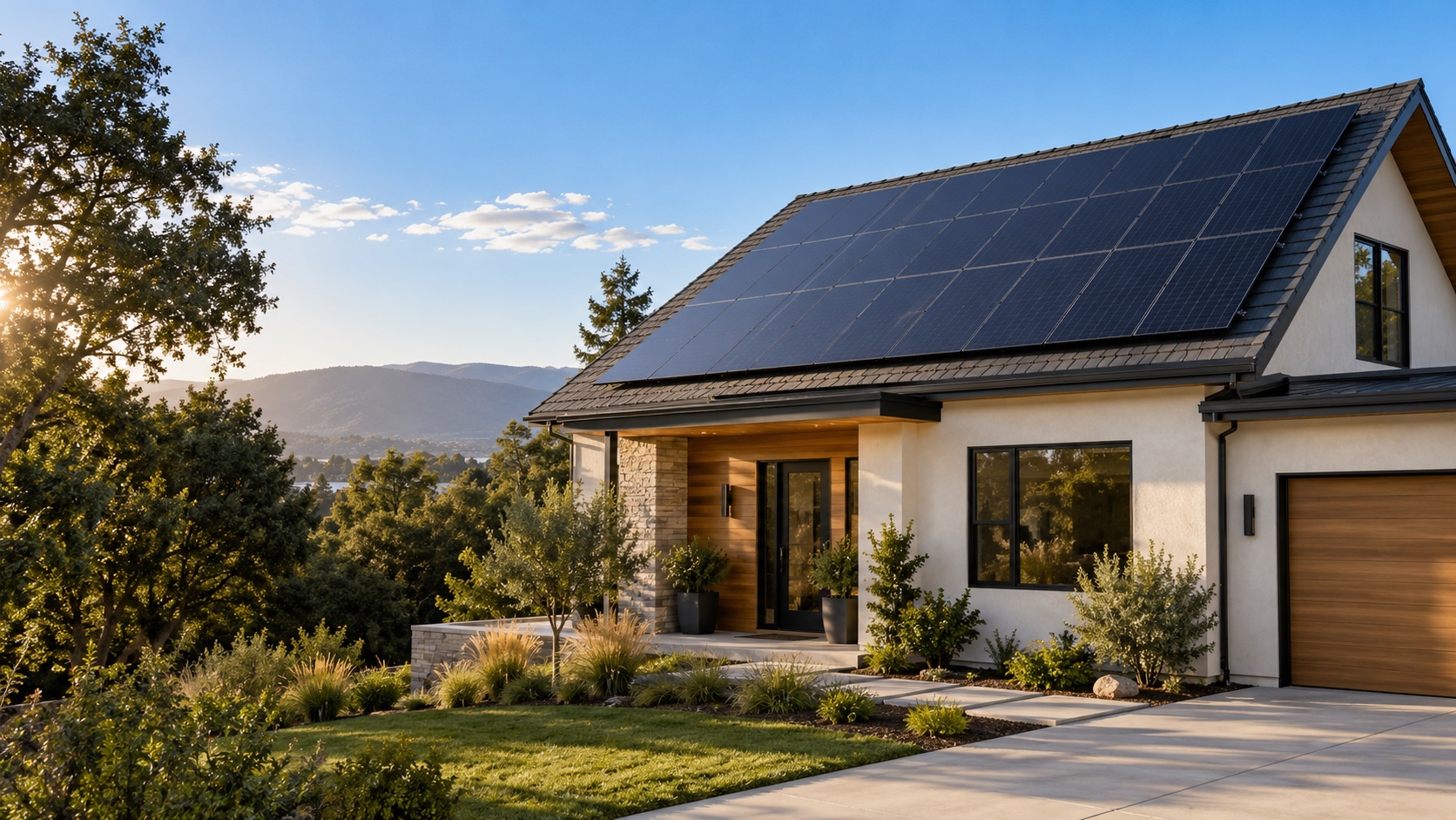 Black rooftop solar panels on a modern home in warm late-afternoon light